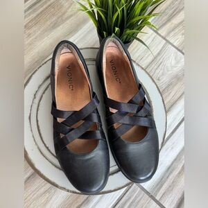 Vionic Serenity Leather Flats Size 7.5 Black Comfort‎ Orthotic Mary Jane Flats